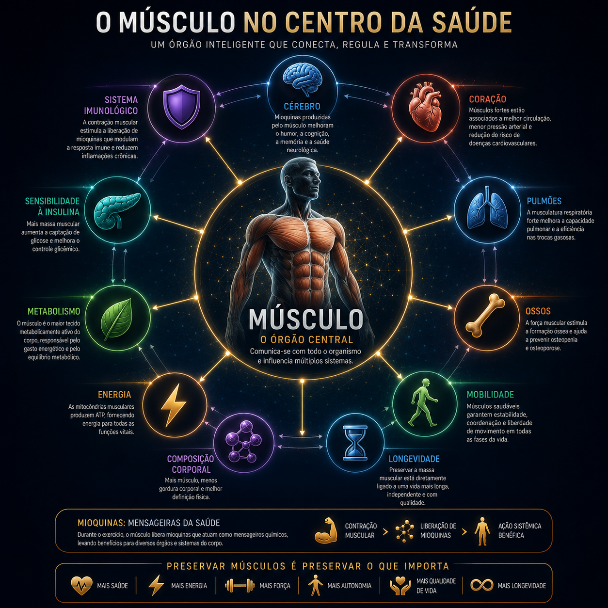 O musculo no centro da saude, conectado ao metabolismo, mobilidade e longevidade
