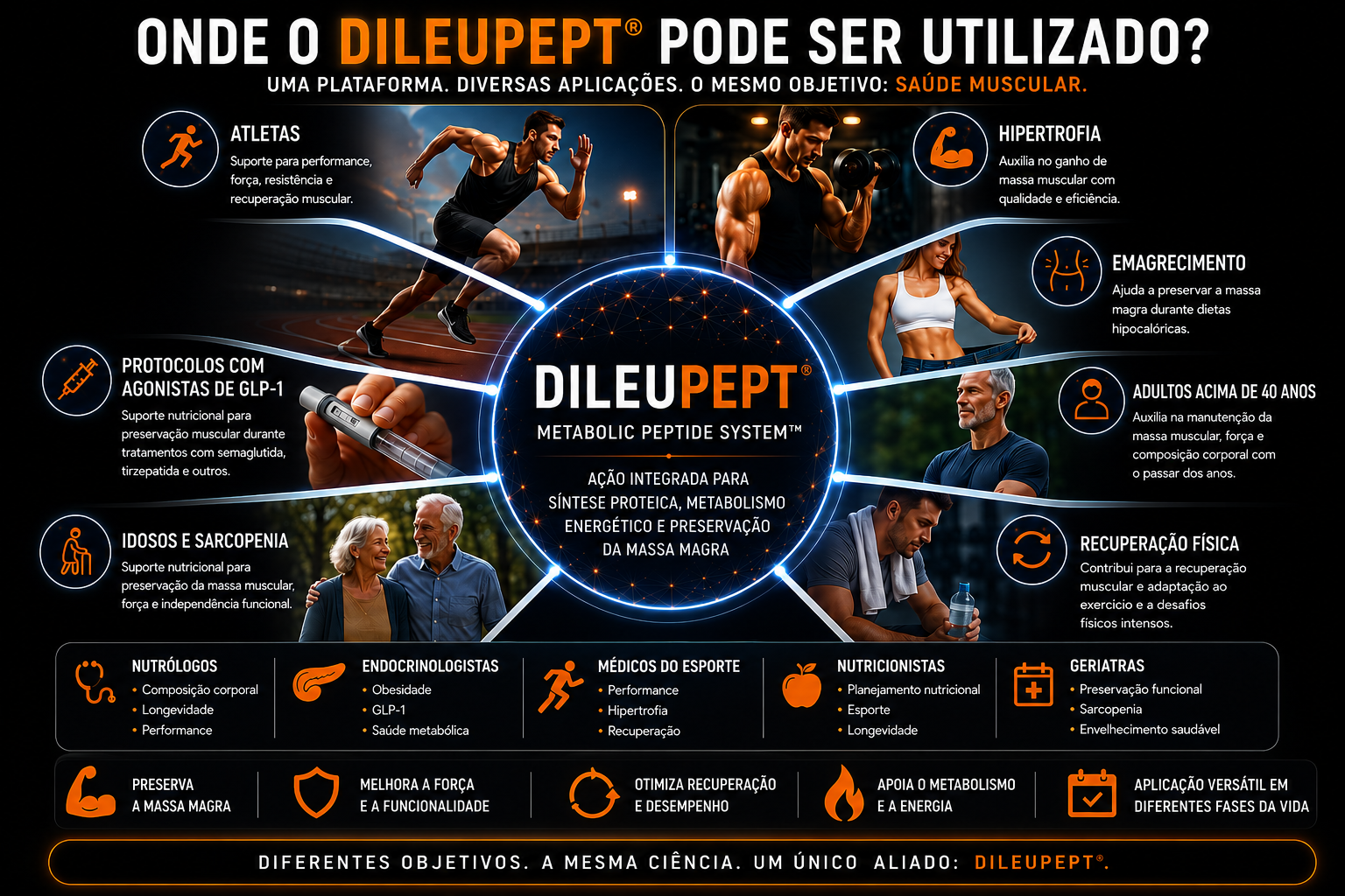 Principais contextos de utilizacao do DileuPept em saude muscular