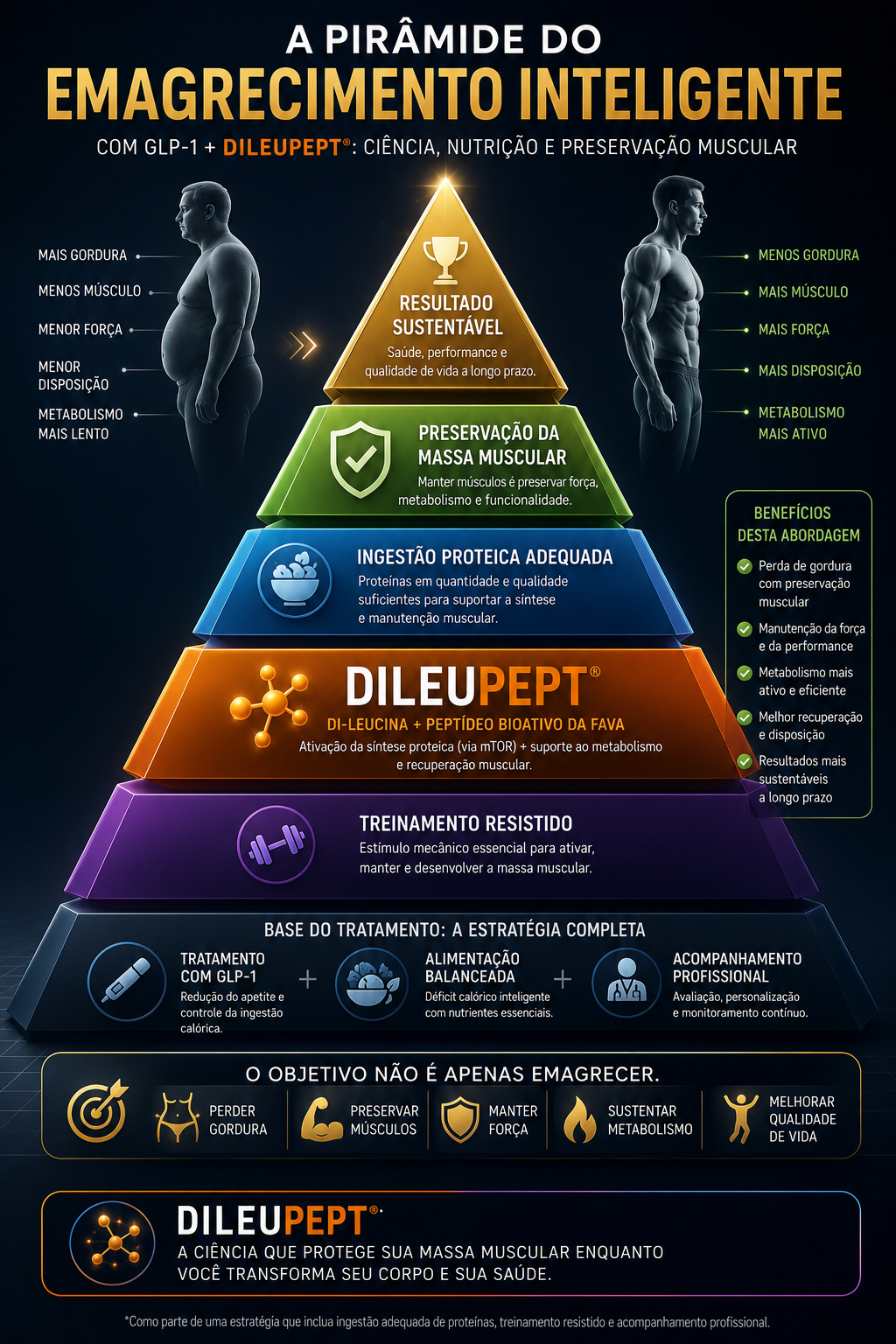 Piramide do emagrecimento inteligente com GLP-1, proteina, exercicio e DileuPept